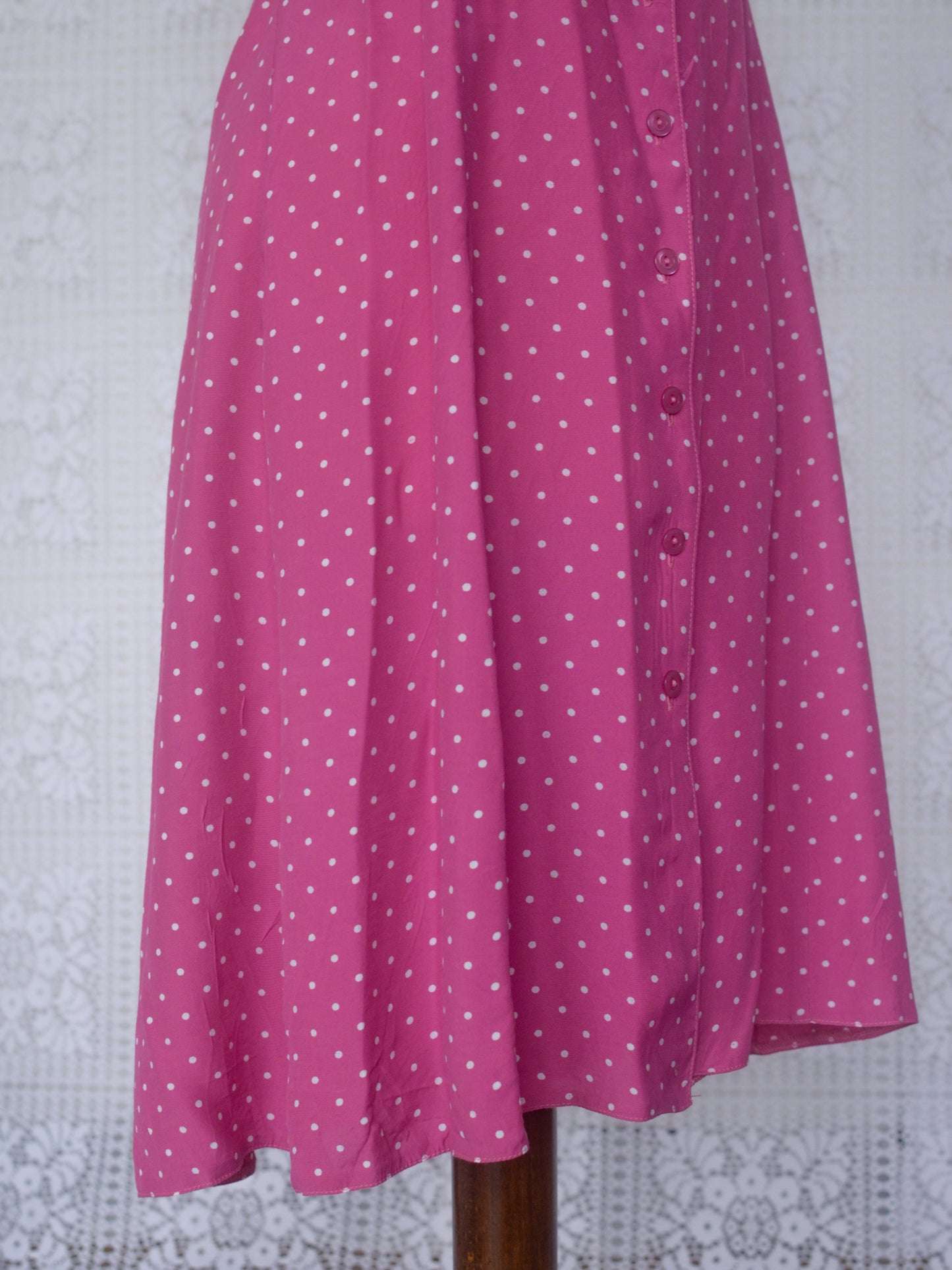 1990s pink and white strappy polkadot midi dress