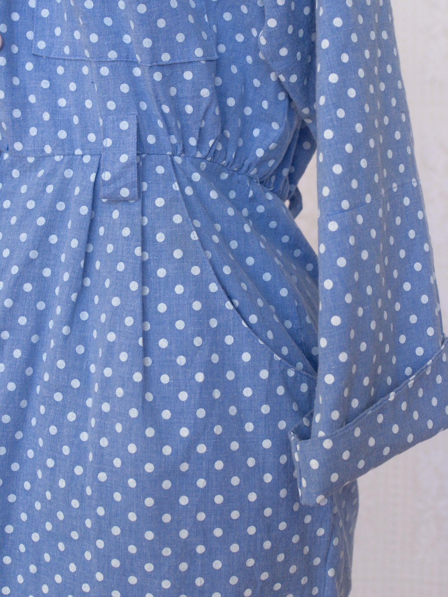 1980s style light blue chambray polkadot cotton fitted shirt dress