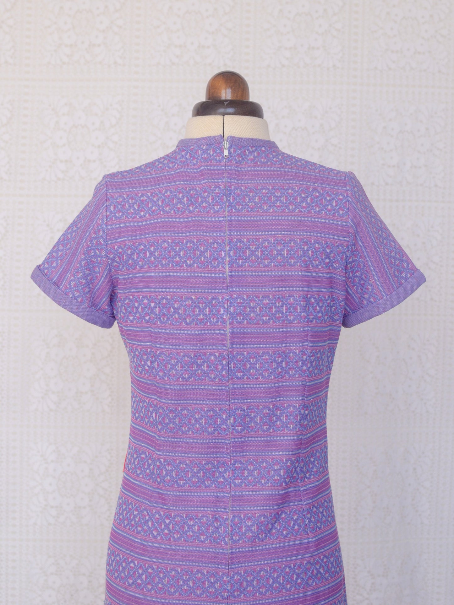 1960s purple and pink stripe geometric pattern midi shift dress