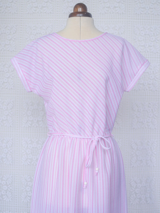 1980s pastel pink diagonal stripe maxi dress
