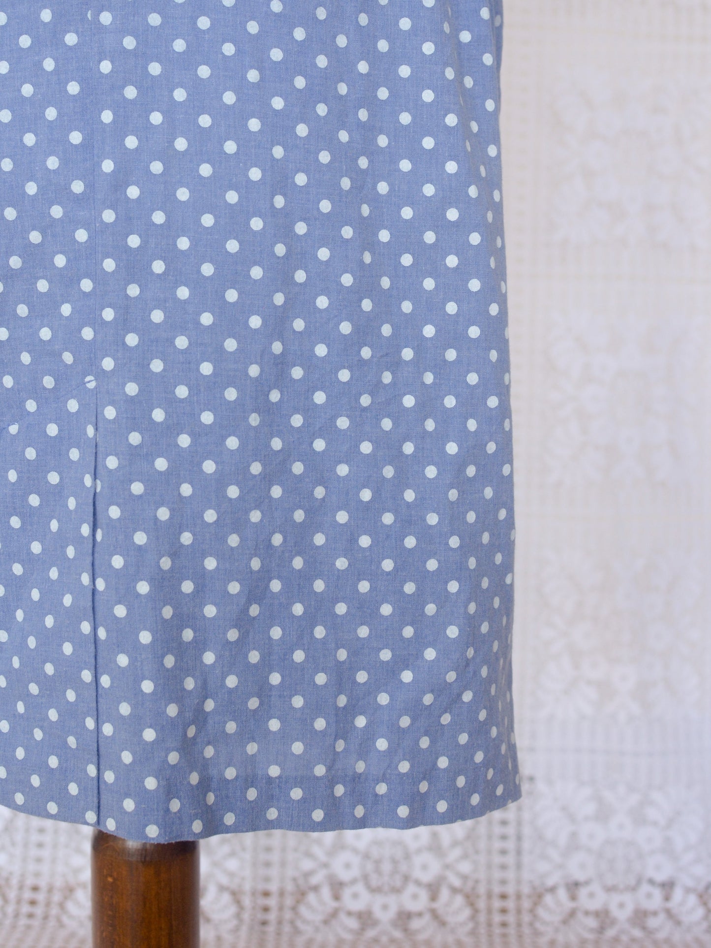 1980s style light blue chambray polkadot cotton fitted shirt dress