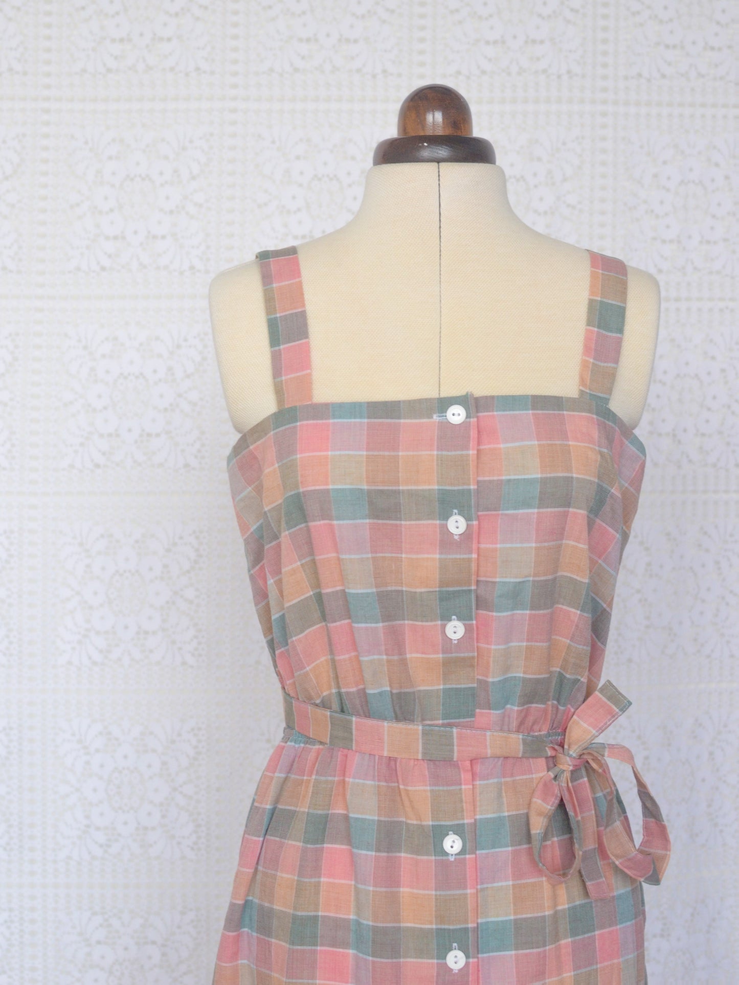 1990s style pink, grey and peach plaid strappy midi dress