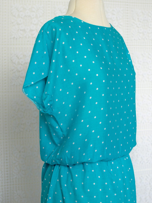 1980s turquoise and white polkadot short sleeve midi dress