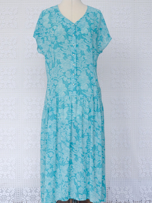 1980s turquoise and white floral stripe print sheer drop waist sleeveless dress